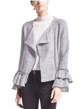 Banana Republic Ruffled Sleeve Boucle Jacket Cerulean Blue Zip Peplum Size 4